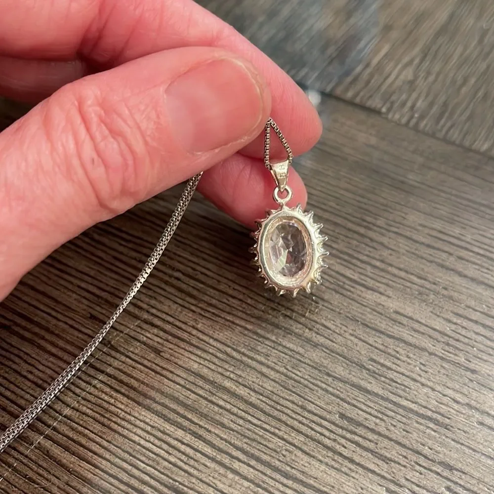 Vintage Oval Halo CZ Pendant with Sterling Silver Box Chain